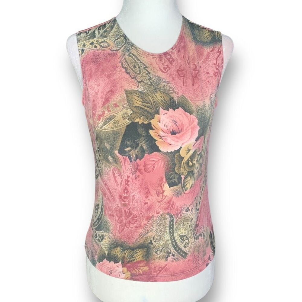 Vintage Y2K Top Pink Dark Floral Paisley Print Sleeveless Stretch Tank Small